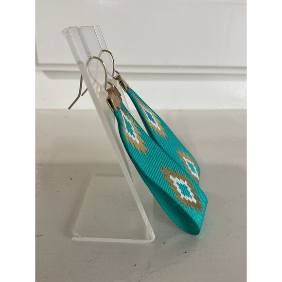Turquoise & Gold Southwestern Aztec Style Ribbon Earrings With Hook Backings - Picture 2 of 4